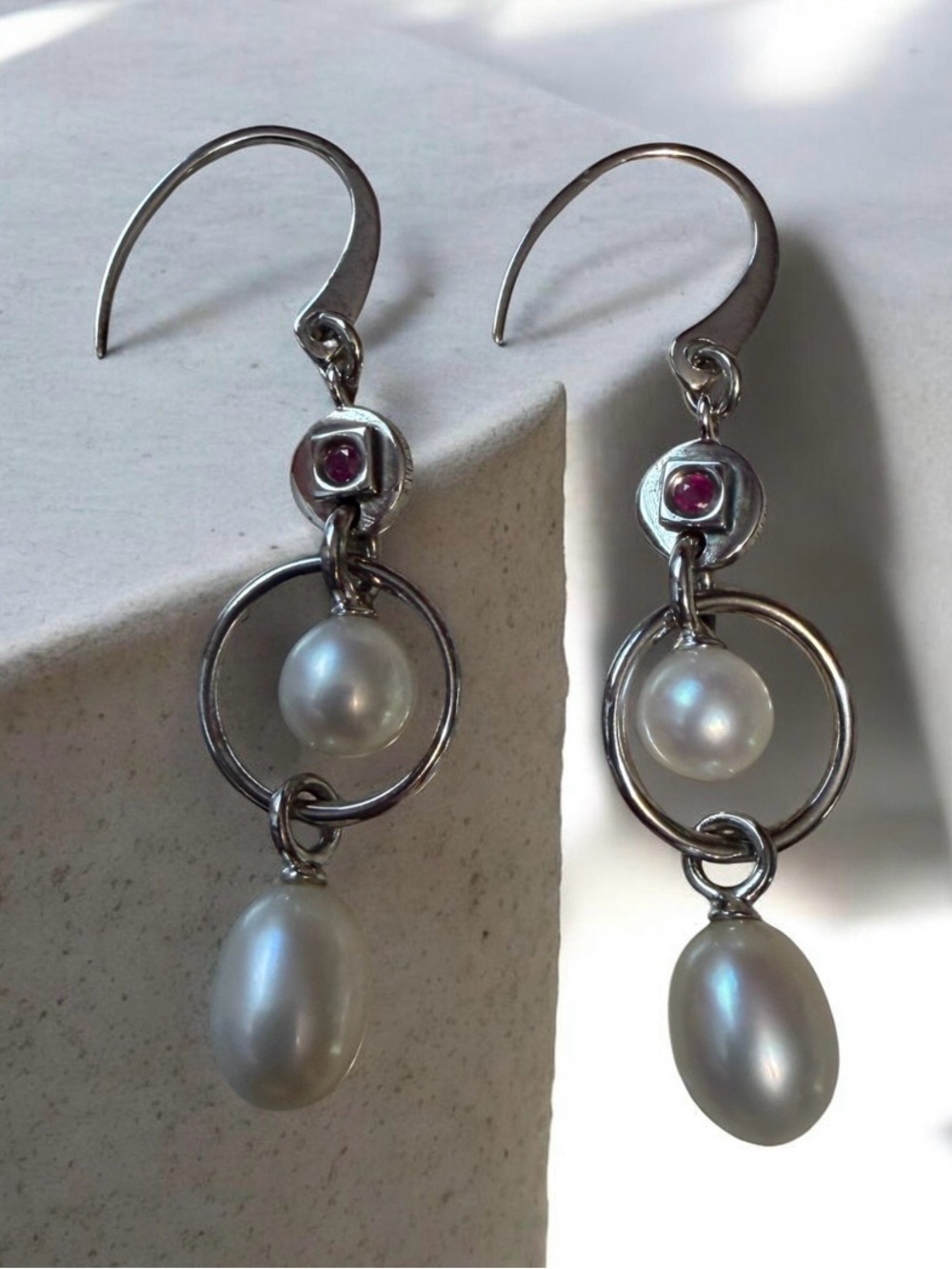 Sterling Silver Drop Earrings with White Pearls and Pink Gems
